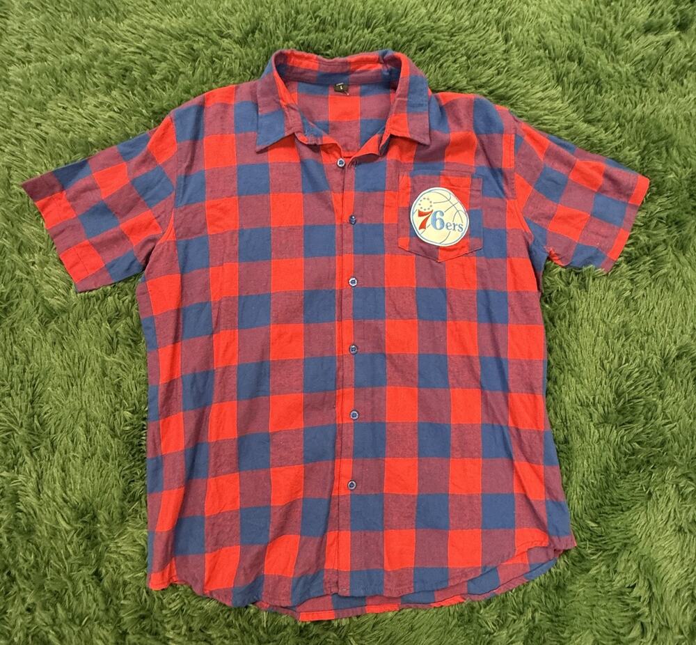 Philadelphia 76ers NBA Large Red Blue Plaid Short Sleeve Button Up Shirt